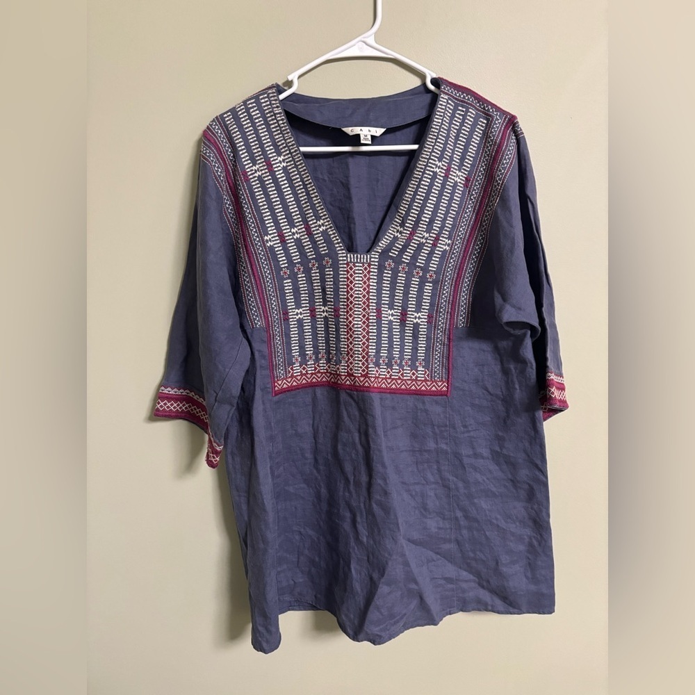 CAbi Womens Size Medium Blue 100% Linen Embroidered Tunic Blouse Top